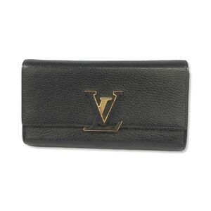 Louis Vuitton Black Leather Flap Wallet with Gold LV Emblem